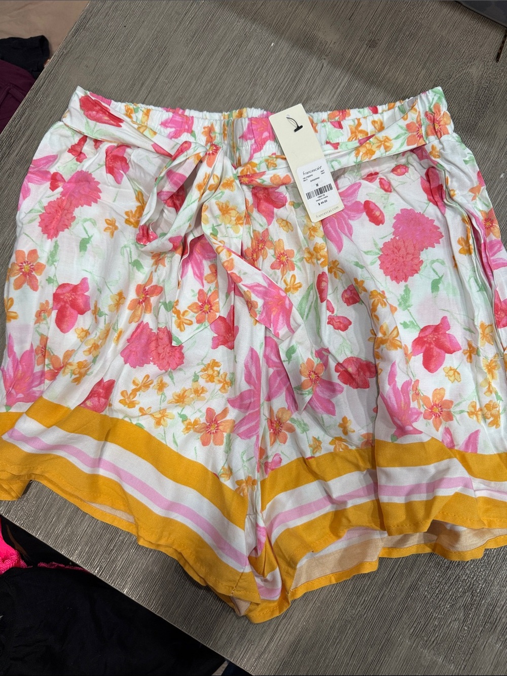 Francesca's Collections White Floral Tie-Waist Shorts with Pink & Yellow Print